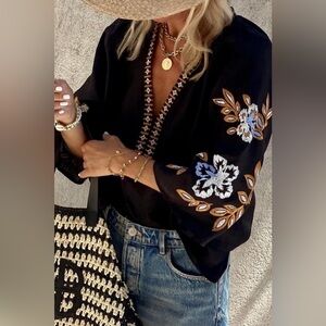 Tops | Black Bohemian Floral Embroidered V Neck Blouse | Poshmark